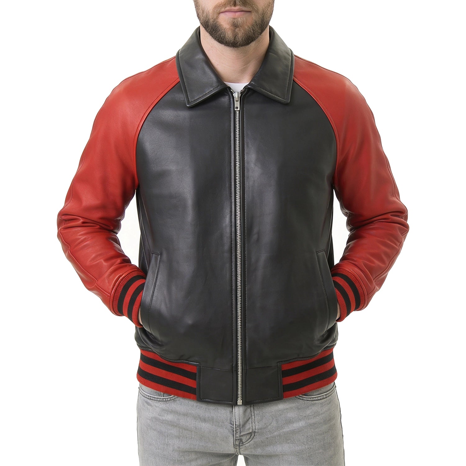 Men's Black & Red Leather Varsity Jacket