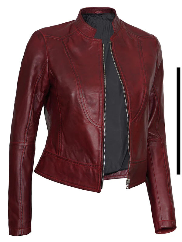 Women Maroon Cafe Racer Leather Jacket