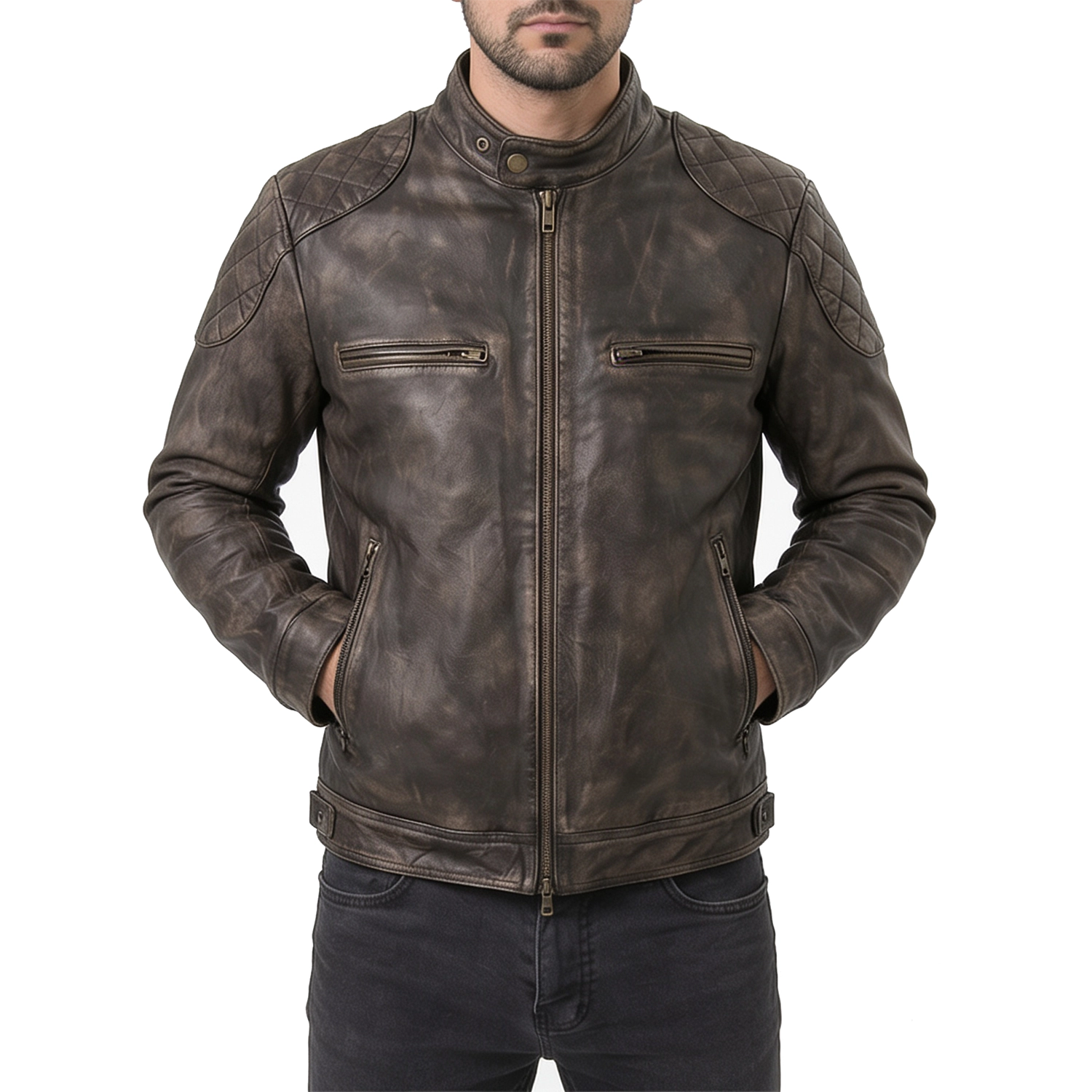 Distressed Brown Leather Biker Jacket