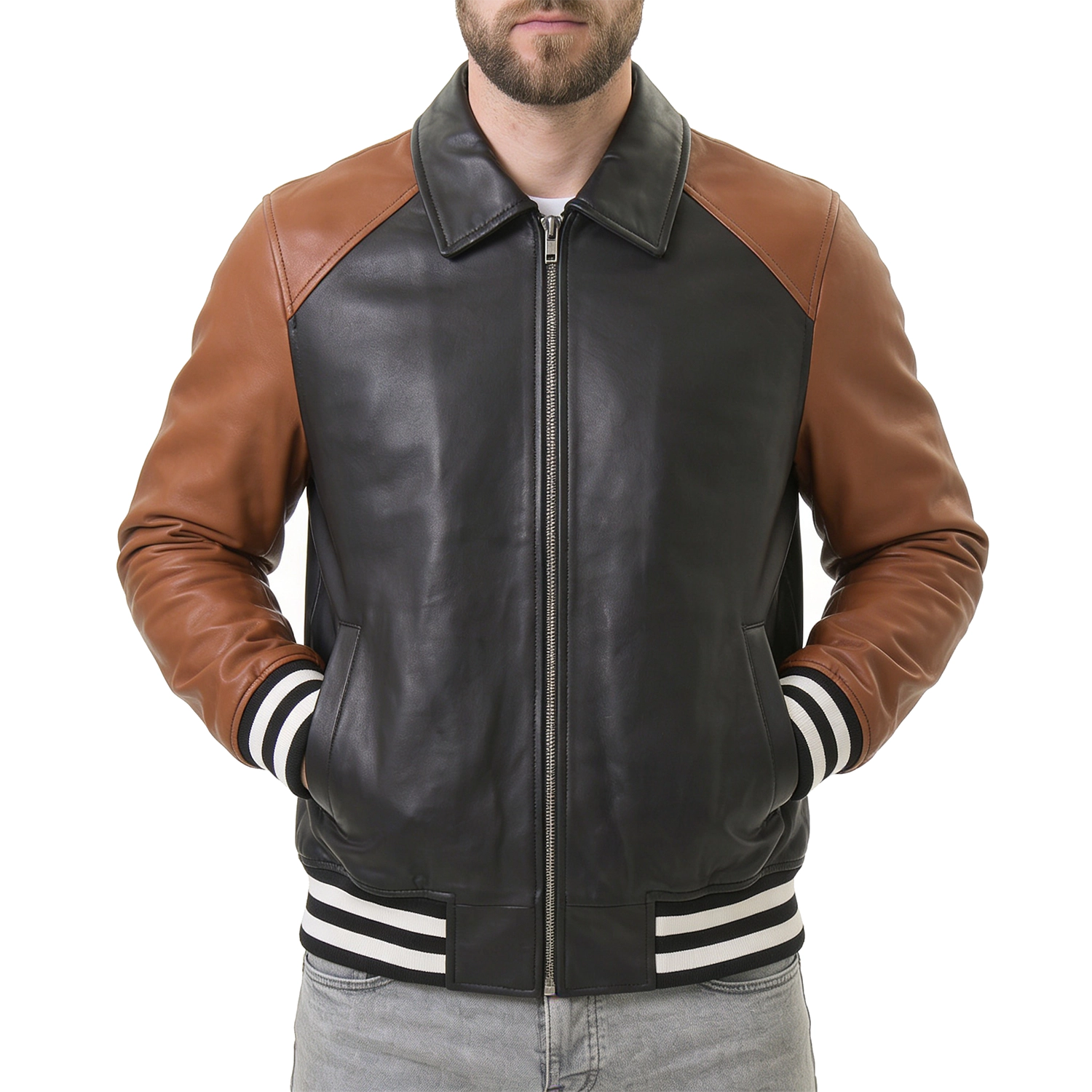Men's Black & Brown Leather Varsity Jacket