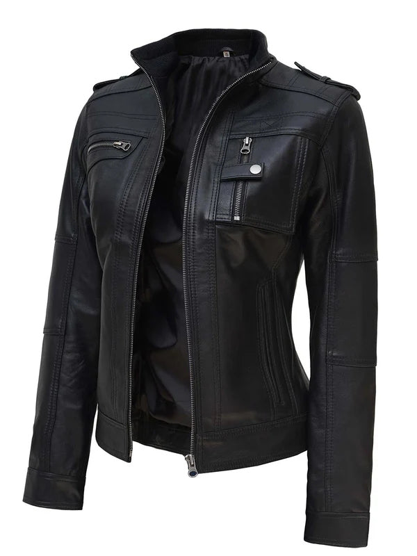 Women Slim Fit Black Cafe Racer Biker Jacket