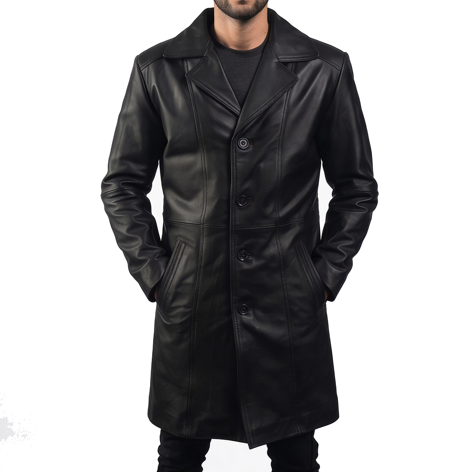 Men's Long Black Leather Coat
