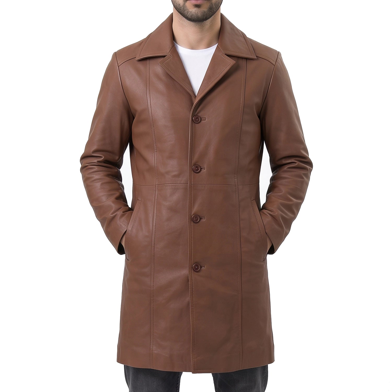 Long Light Brown Leather Coat