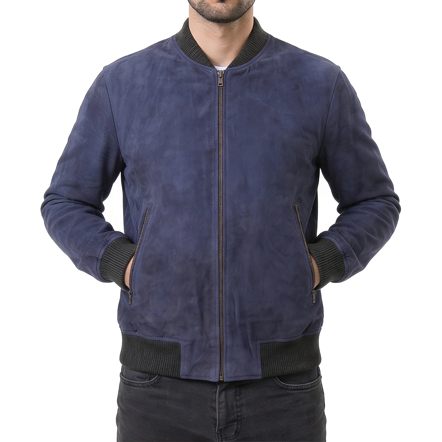 Blue Suede Bomber Jacket
