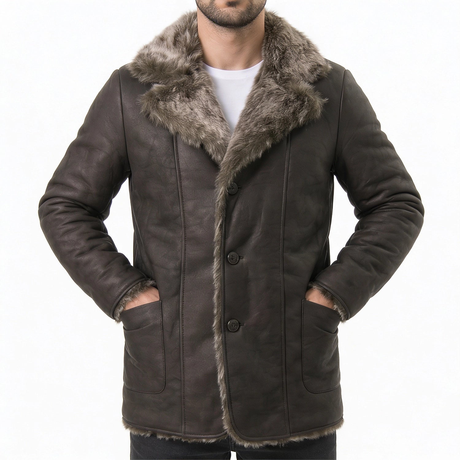 Men's Black Leather Coat with Fur