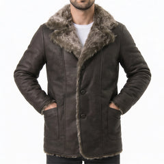 Men's Black Leather Coat with Fur