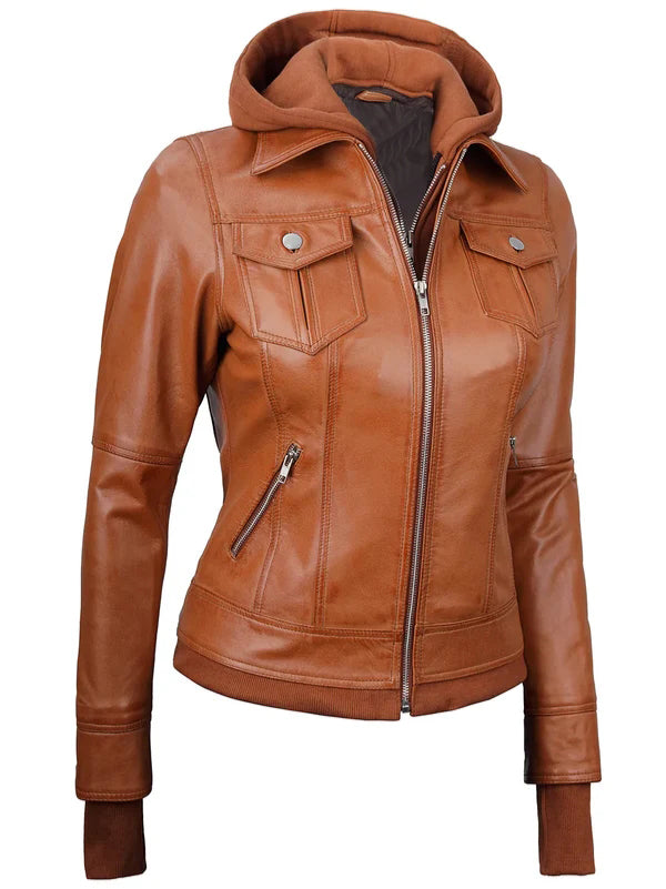 Women Tan Wax Bomber Leather Jacket with Hood