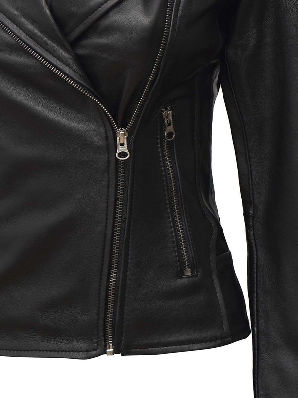 Kirsten Women Black Asymmetrical Leather Motorcycle Jacket