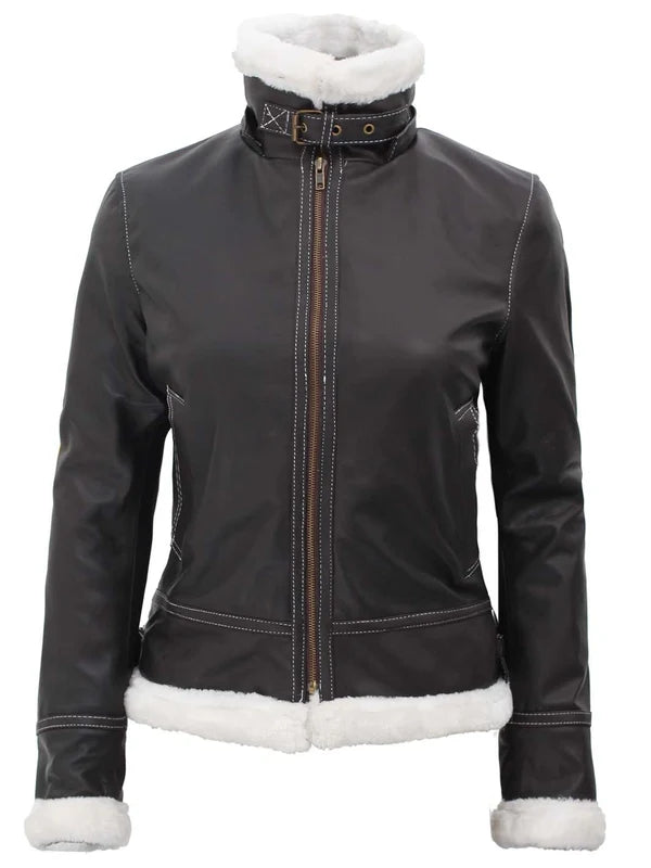 Mary Women Fur-Lined Dark Brown Bomber Leather Jacket with Removable Hood