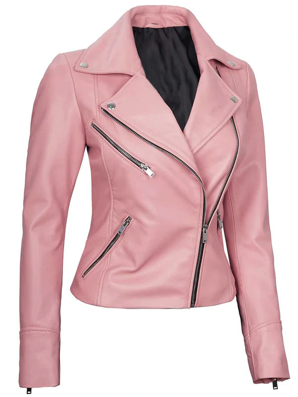 Women Pink Asymmetrical Biker Leather Jacket