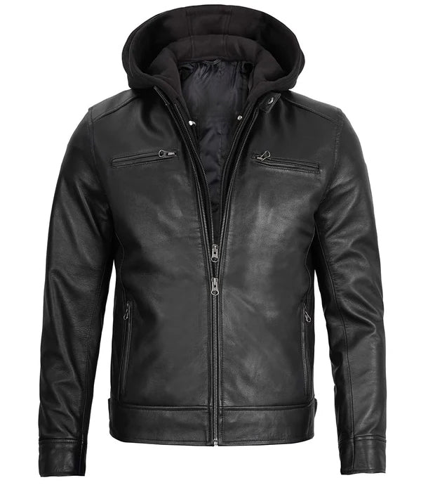 Men's Black Moto Leather Jacket with Hood