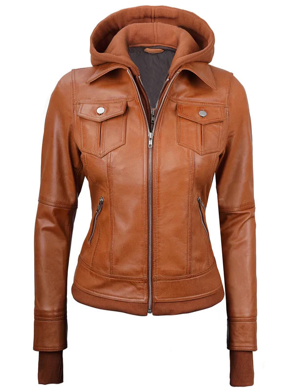 Women Tan Wax Bomber Leather Jacket with Hood