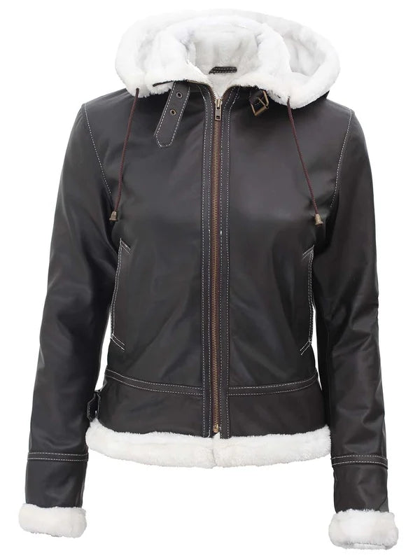 Mary Women Fur-Lined Dark Brown Bomber Leather Jacket with Removable Hood
