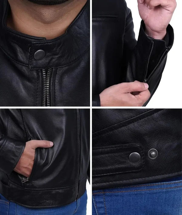 Men's Black Cafe Racer Leather Biker Jacket