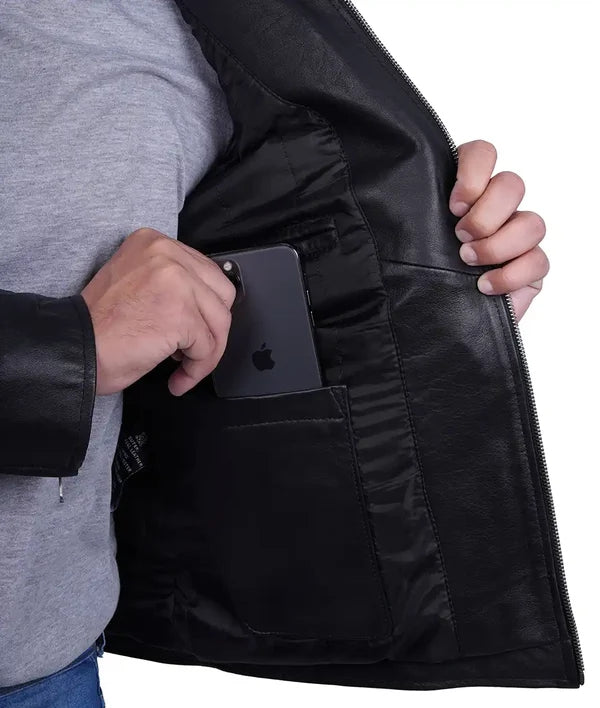 Men's Black Cafe Racer Leather Biker Jacket