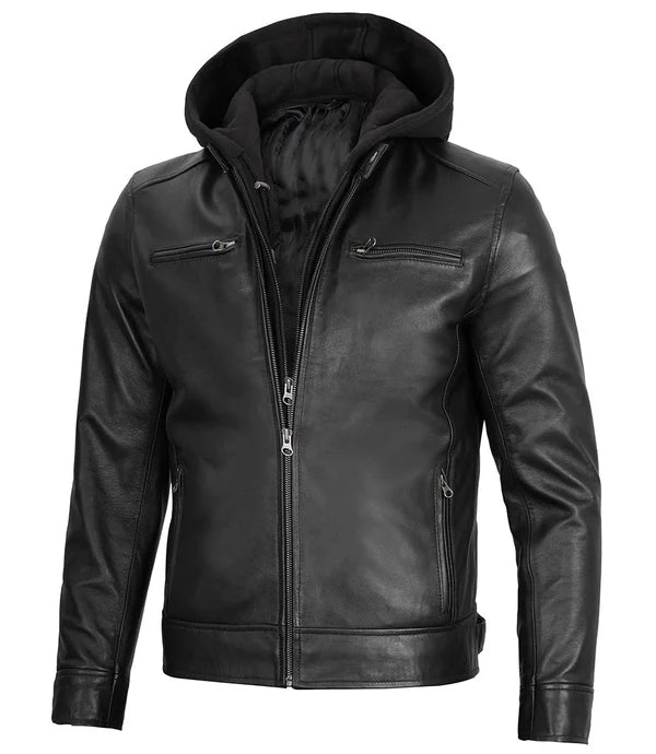 Men's Black Moto Leather Jacket with Hood