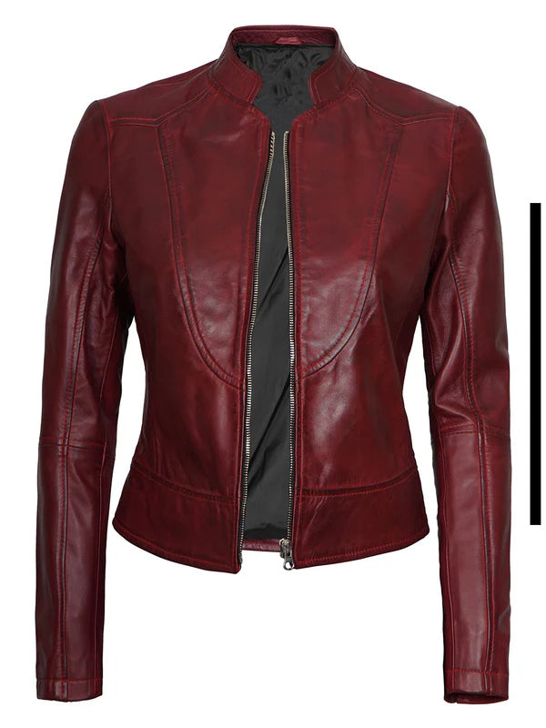 Women Maroon Cafe Racer Leather Jacket