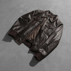 Aaron Oak Brown Leather Bomber Jacket