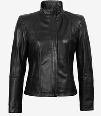 Acerra Women's Slim Fit Black Leather Jacket in Biker Style