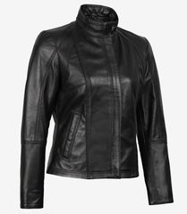 Acerra Women's Slim Fit Black Leather Jacket in Biker Style