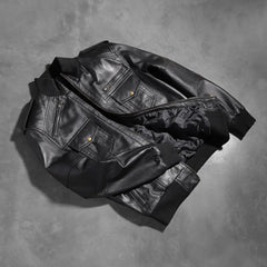 Agent Shadow Stealth Black Leather Bomber Jacket