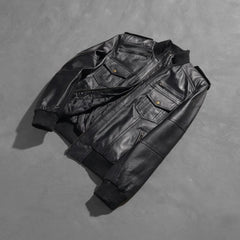 Agent Shadow Stealth Black Leather Bomber Jacket