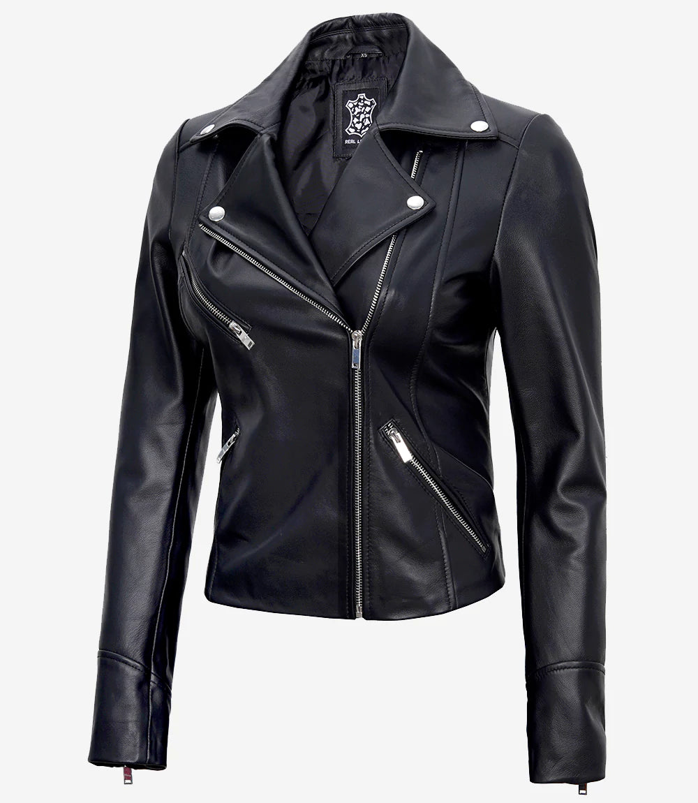 Women BLACK Asymmetrical Biker Leather Jacket