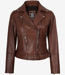 Women's Cognac Leather Jacket - Asymmetrical Biker Style with Belted Waist