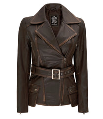 Women's Distressed Brown Long Leather Biker Jacket