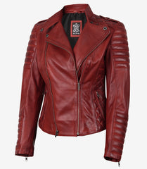 Women's Red Leather Jacket with Asymmetrical Padded Biker Design