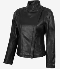 Women's Black Real Leather Jacket with Asymmetrical Zipper