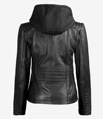 Helen Women's Tall Black Real Leather Jacket with Detachable Hood
