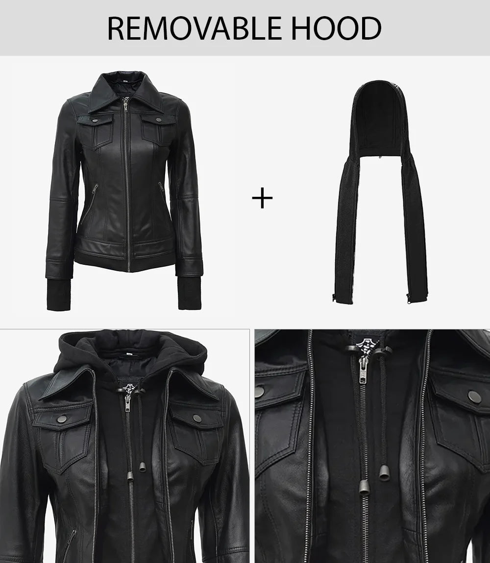 Essence Women Black Bomber Leather Jacket with Hood