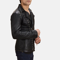 Black Leather Biker Jacket With Stud Details