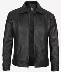 Men's Tall Vintage Black Leather Jacket with Shirt Collar