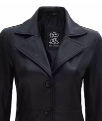 Women's Tall Black Leather Coat with Wide Collar - 3/4 Length
