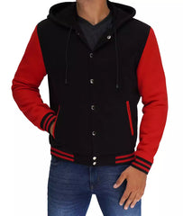 Salerno Men's Hooded Varsity Jacket in Black and Red Colors