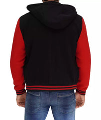 Salerno Men's Hooded Varsity Jacket in Black and Red Colors