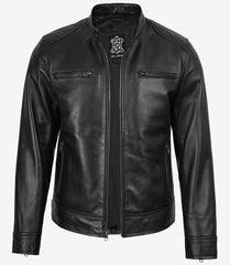 Men's Black Leather Jacket with Detachable Hood