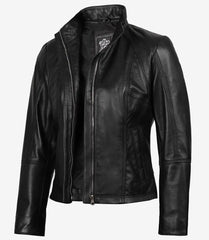 Acerra Women's Slim Fit Black Leather Jacket in Biker Style