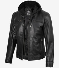 Men's Black Leather Jacket with Detachable Hood