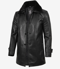 Men's 3/4 Length Real Leather Black Coat with Fur Collar