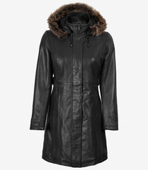 Women's Premium Black Leather Coat with Removable Fur Hood