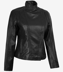 Women's Black Real Leather Jacket with Asymmetrical Zipper