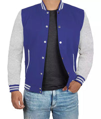 Men's Blue & Grey Varsity Jacket - Baseball Bomber Style