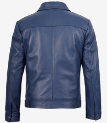 Men's Classic Blue Leather Jacket Featuring Shirt Collar