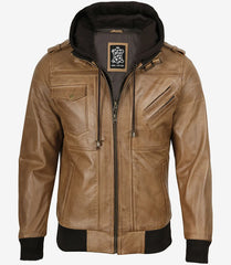 Men's Camel Brown Bomber Leather Jacket with Detachable Hood