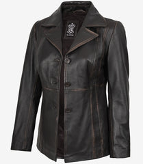 Women's Distressed Brown Leather Blazer with Three Buttons