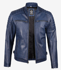 Men's Blue Waxed Leather Biker Jacket
