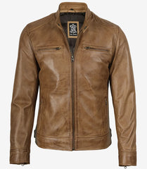 Men's Camel Brown Genuine Leather Biker Jacket